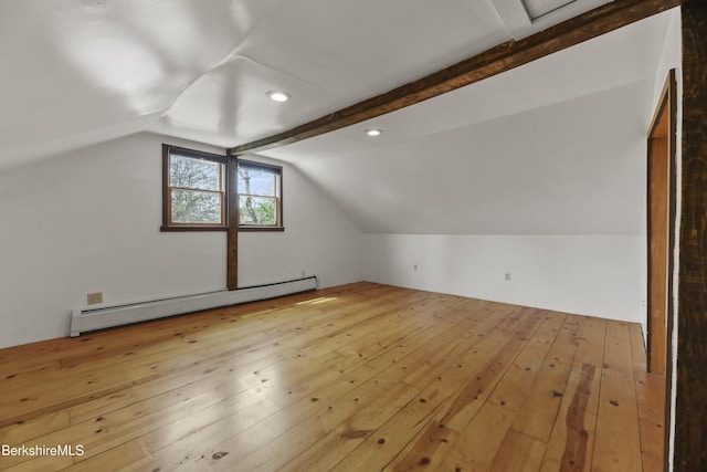 additional living space featuring hardwood / wood-style floors, recessed lighting, a baseboard heating unit, and lofted ceiling