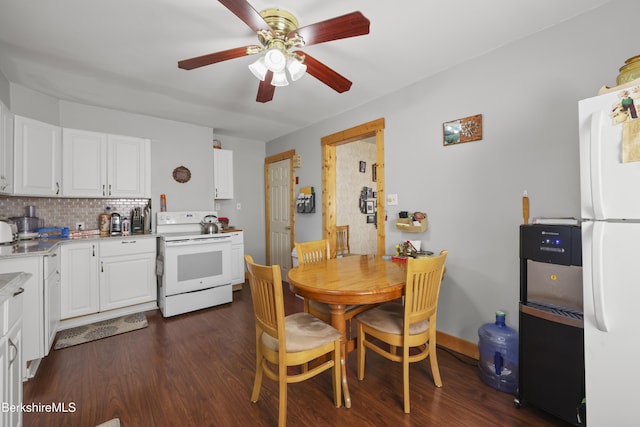 dining area featuring a ceiling fan and dark wood-style flooring