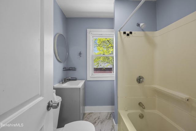 full bathroom with vanity, marble finish floor, toilet, bathing tub / shower combination, and baseboards
