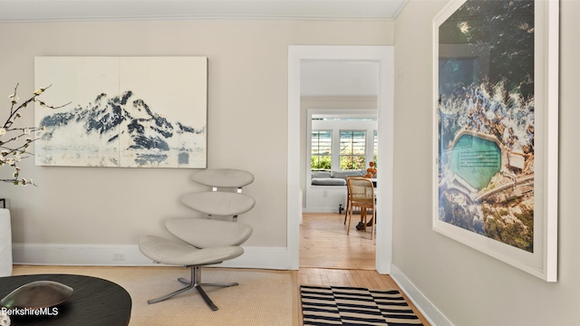 living area with crown molding and wood-type flooring