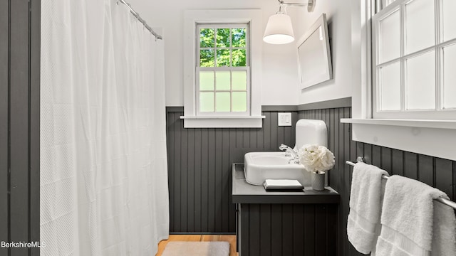 bathroom with wooden walls and vanity