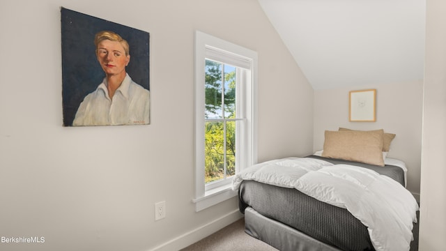 carpeted bedroom with vaulted ceiling