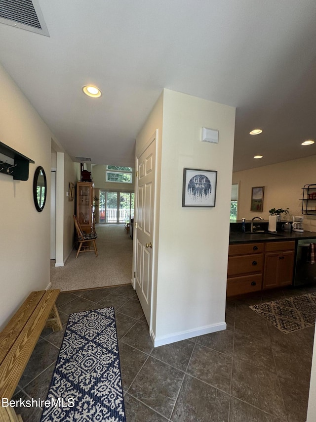 hall featuring dark carpet and sink