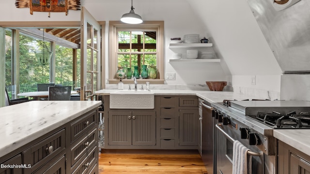 232 Giberson Rd, Sheffield, MA 01257 - kitchen featuring appliances with stainless steel finishes, open shelves, light wood-style floors, a sink, and pendant lighting