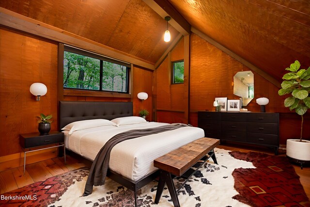 110 Access Rd, Becket, MA 01223 - bedroom with wood-type flooring, wood walls, and wood ceiling