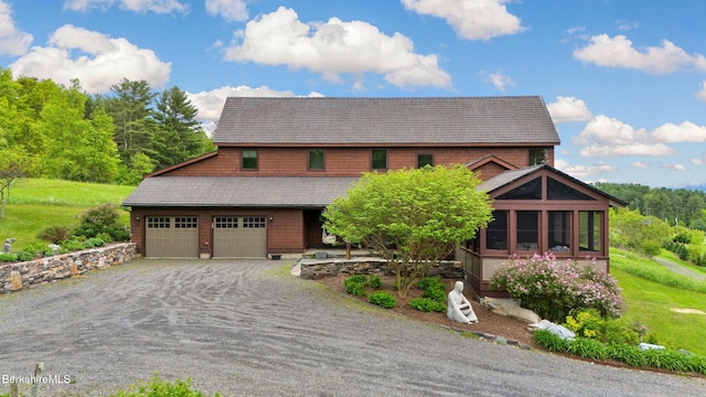 56 Crooked Hill Rd, Alford, MA 01230 - view of front of home featuring gravel driveway, a sunroom, and an attached garage