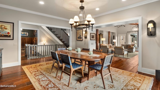56 Crooked Hill Rd, Alford, MA 01230 - dining area featuring a chandelier, dark wood-style floors, baseboards, crown molding, and recessed lighting