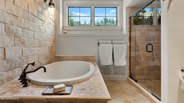 56 Crooked Hill Rd, Alford, MA 01230 - bathroom with a garden tub, a stall shower, and stone finish flooring