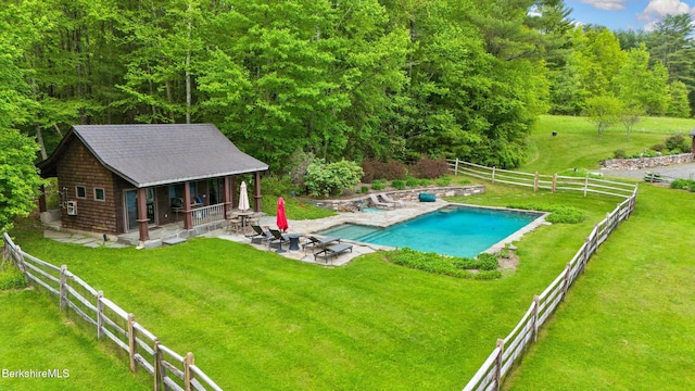 56 Crooked Hill Rd, Alford, MA 01230 - view of swimming pool with a patio area, an outdoor structure, and a forest view