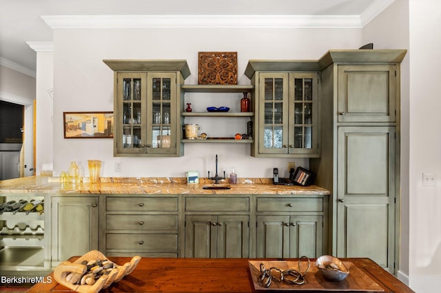 56 Crooked Hill Rd, Alford, MA 01230 - kitchen featuring green cabinets, crown molding, light countertops, and glass insert cabinets