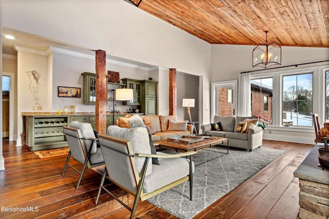 56 Crooked Hill Rd, Alford, MA 01230 - living area with crown molding, plenty of natural light, hardwood / wood-style flooring, wooden ceiling, and a chandelier