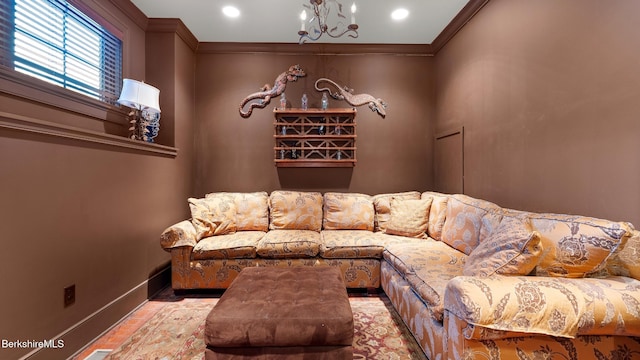 56 Crooked Hill Rd, Alford, MA 01230 - living area with ornamental molding, a chandelier, recessed lighting, and baseboards