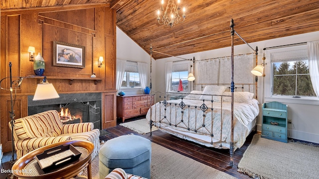56 Crooked Hill Rd, Alford, MA 01230 - bedroom with wooden ceiling, hardwood / wood-style floors, a warm lit fireplace, high vaulted ceiling, and a chandelier