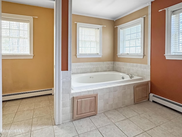 432 Grange Hall Rd, Dalton, MA 01226 - bathroom featuring a baseboard radiator, tile patterned flooring, a garden tub, and ornamental molding
