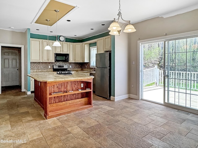 432 Grange Hall Rd, Dalton, MA 01226 - kitchen featuring stainless steel appliances, cream cabinetry, open shelves, tasteful backsplash, and baseboards
