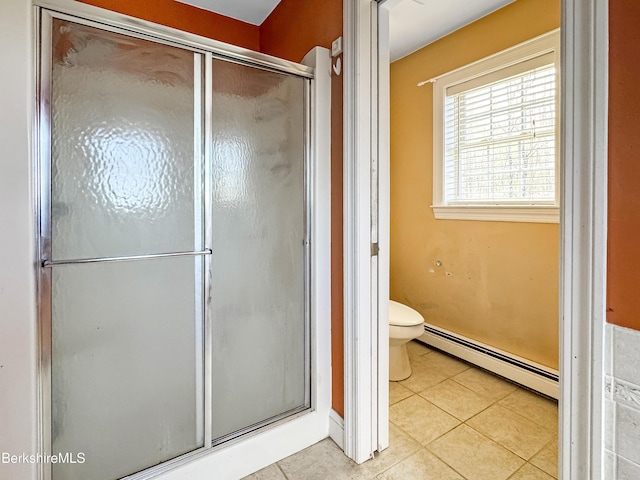 432 Grange Hall Rd, Dalton, MA 01226 - full bathroom with baseboard heating, tile patterned floors, a shower stall, and toilet