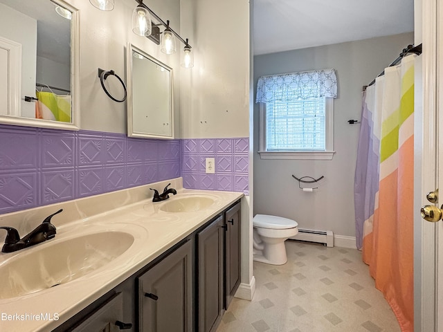 432 Grange Hall Rd, Dalton, MA 01226 - bathroom featuring tile patterned floors, baseboard heating, toilet, a wainscoted wall, and double vanity