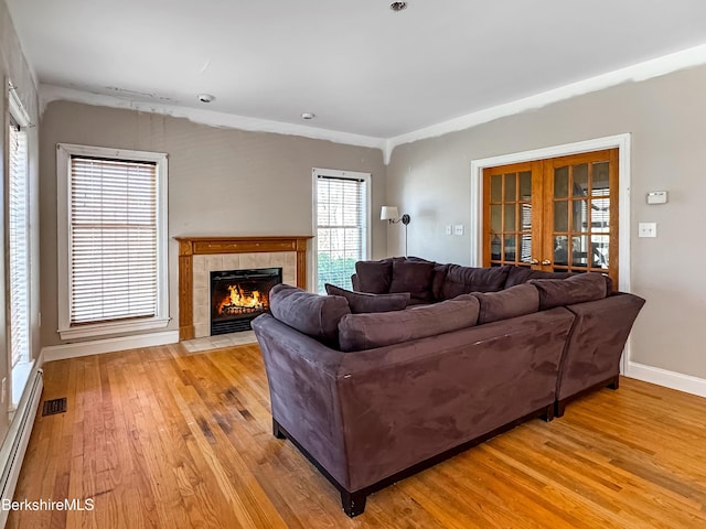 432 Grange Hall Rd, Dalton, MA 01226 - living room with light wood-type flooring, a fireplace, baseboards, and baseboard heating