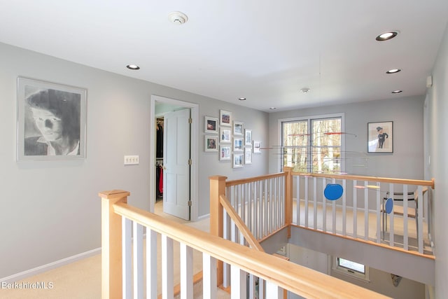 360 Brush Hill Rd, Sheffield, MA 01257 - hallway with an upstairs landing, baseboards, carpet flooring, and recessed lighting