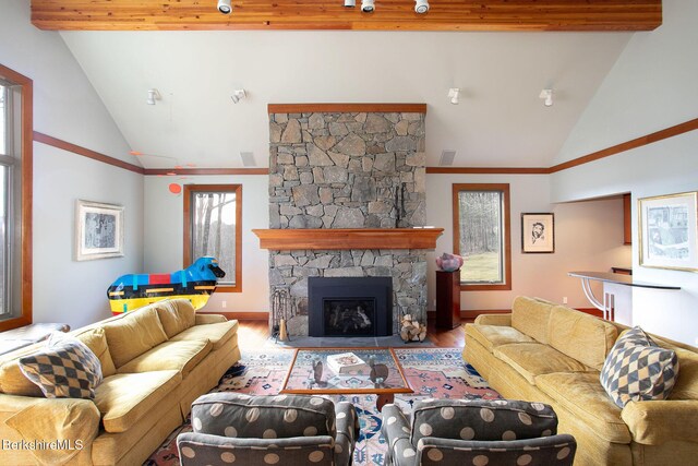 360 Brush Hill Rd, Sheffield, MA 01257 - living area with wood finished floors, a fireplace, baseboards, and high vaulted ceiling