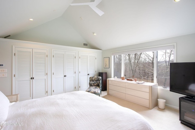 360 Brush Hill Rd, Sheffield, MA 01257 - bedroom with light colored carpet, two closets, high vaulted ceiling, and recessed lighting