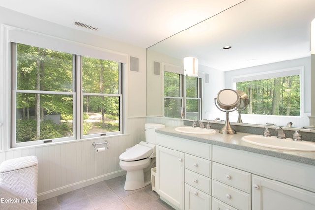 360 Brush Hill Rd, Sheffield, MA 01257 - full bath featuring toilet, double vanity, tile patterned flooring, wainscoting, and wood walls