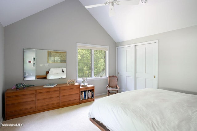 360 Brush Hill Rd, Sheffield, MA 01257 - carpeted bedroom with a closet, high vaulted ceiling, and ceiling fan
