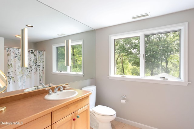 360 Brush Hill Rd, Sheffield, MA 01257 - bathroom featuring toilet, vanity, tile patterned floors, baseboards, and a shower with curtain