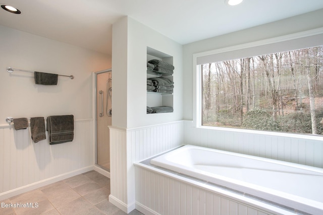360 Brush Hill Rd, Sheffield, MA 01257 - bathroom with a bath, a wainscoted wall, a shower stall, and tile patterned floors