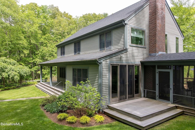 360 Brush Hill Rd, Sheffield, MA 01257 - rear view of house with a chimney, a yard, a wooden deck, and a shingled roof