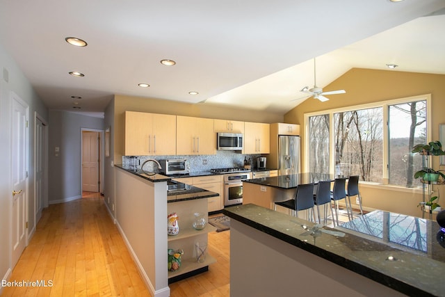 360 Brush Hill Rd, Sheffield, MA 01257 - kitchen with appliances with stainless steel finishes, open shelves, backsplash, light wood-style flooring, and recessed lighting