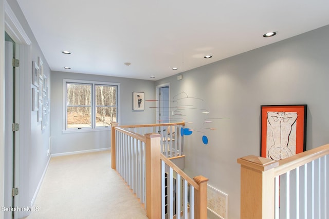 360 Brush Hill Rd, Sheffield, MA 01257 - hall with an upstairs landing, baseboards, light colored carpet, and recessed lighting