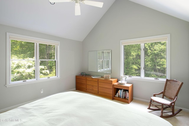 360 Brush Hill Rd, Sheffield, MA 01257 - bedroom featuring multiple windows, baseboards, vaulted ceiling, carpet floors, and ceiling fan