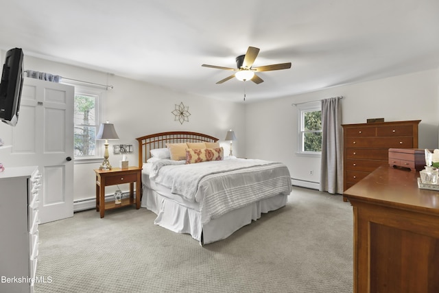 bedroom featuring light carpet, a baseboard heating unit, and ceiling fan