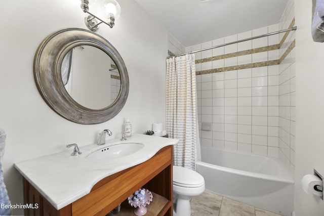 full bathroom with toilet, vanity, tile patterned flooring, and shower / tub combo with curtain