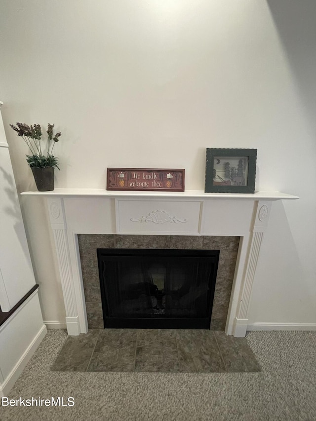 details featuring carpet floors and a fireplace