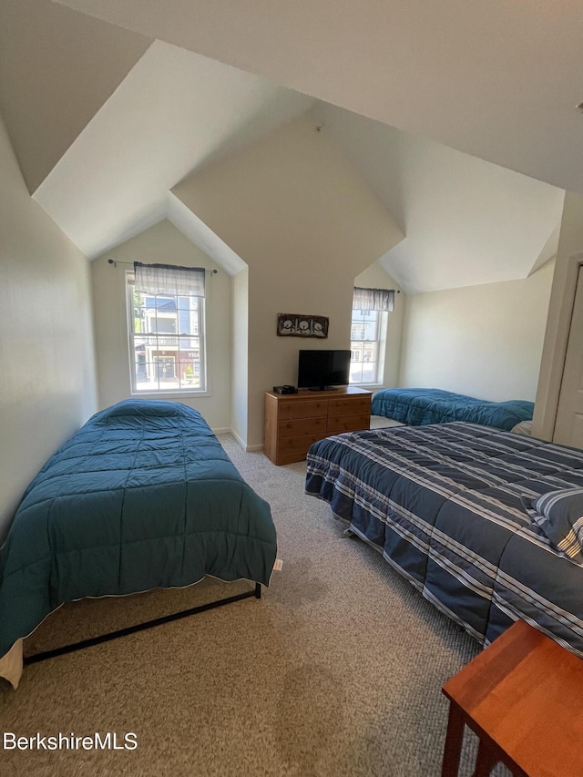 bedroom with lofted ceiling, carpet flooring, and multiple windows