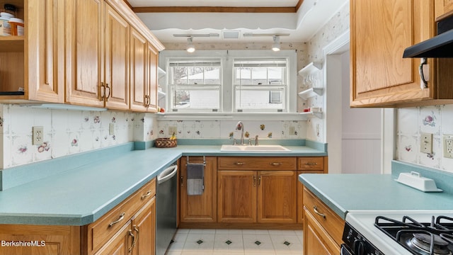 kitchen with under cabinet range hood, open shelves, a sink, and light countertops