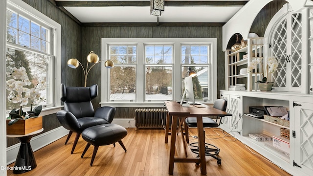 living area featuring beamed ceiling, a wealth of natural light, radiator heating unit, and light wood-style flooring