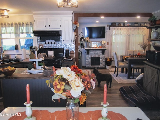 24 Turners Ave, Adams, MA 01220 - living room with crown molding, a fireplace, and wood finished floors