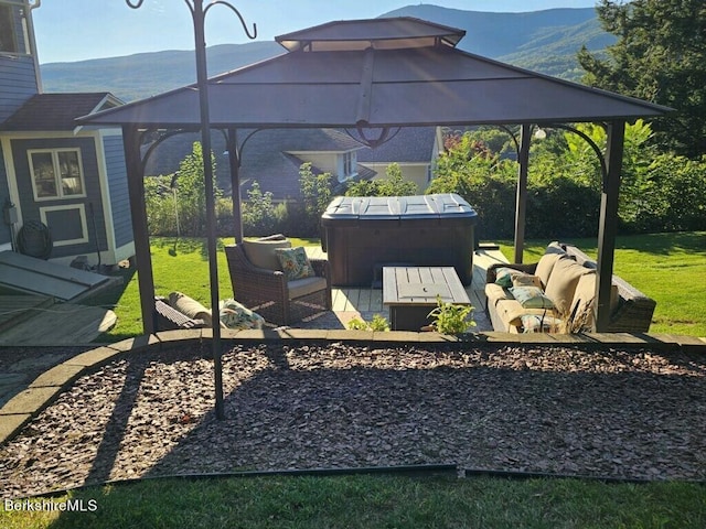 24 Turners Ave, Adams, MA 01220 - view of patio / terrace featuring a hot tub, a gazebo, an outdoor hangout area, and a mountain view