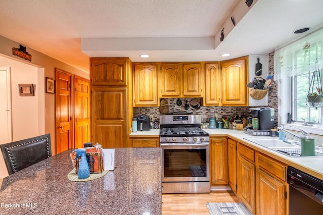495 Williamstown Rd, Lanesborough, MA 01237 - kitchen with stainless steel range with gas cooktop, dishwasher, a sink, decorative backsplash, and light wood-style floors