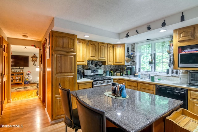 495 Williamstown Rd, Lanesborough, MA 01237 - kitchen with gas range, dishwasher, light wood-style floors, a textured ceiling, and backsplash