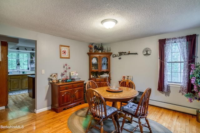 495 Williamstown Rd, Lanesborough, MA 01237 - dining space with light wood finished floors, a textured ceiling, a baseboard radiator, and baseboards