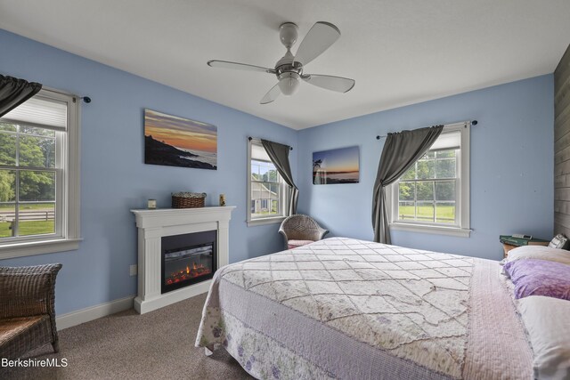 200 Easthampton Rd, Westhampton, MA 01027 - bedroom featuring multiple windows, carpet, a glass covered fireplace, and a ceiling fan