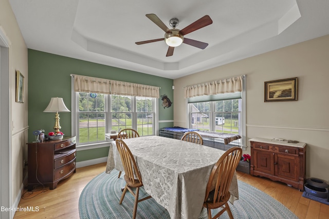 200 Easthampton Rd, Westhampton, MA 01027 - dining area featuring a tray ceiling, a ceiling fan, and light wood finished floors