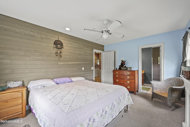 200 Easthampton Rd, Westhampton, MA 01027 - carpeted bedroom featuring wooden walls, recessed lighting, ceiling fan, and ensuite bathroom