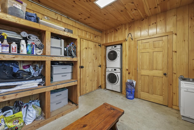 200 Easthampton Rd, Westhampton, MA 01027 - laundry room with stacked washer / drying machine and wood walls