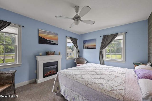 200 Easthampton Rd, Westhampton, MA 01027 - bedroom featuring multiple windows, carpet, a glass covered fireplace, and a ceiling fan