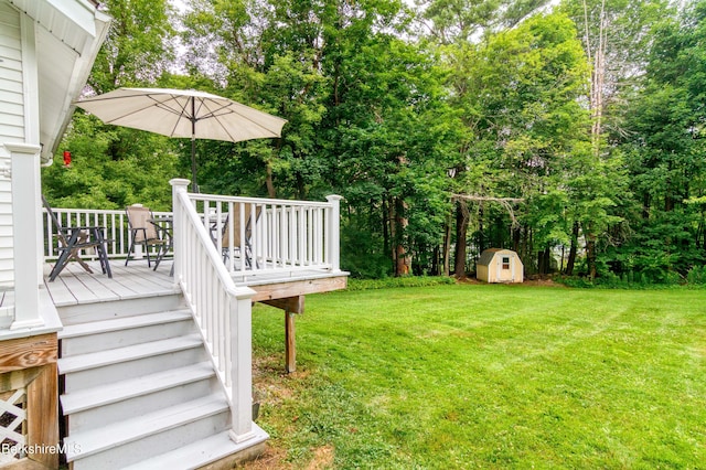 63 Yarmouth St, Pittsfield, MA 01201 - view of grassy yard featuring a shed, a deck, view of wooded area, and stairway